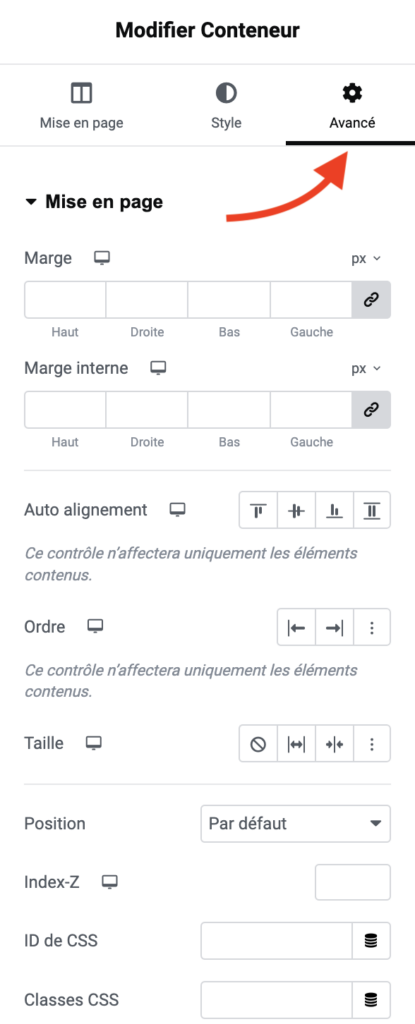 modifier conteneur elementor avancé