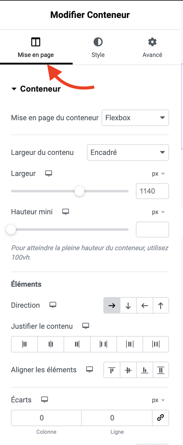 modifier conteneur elementor mise ene page