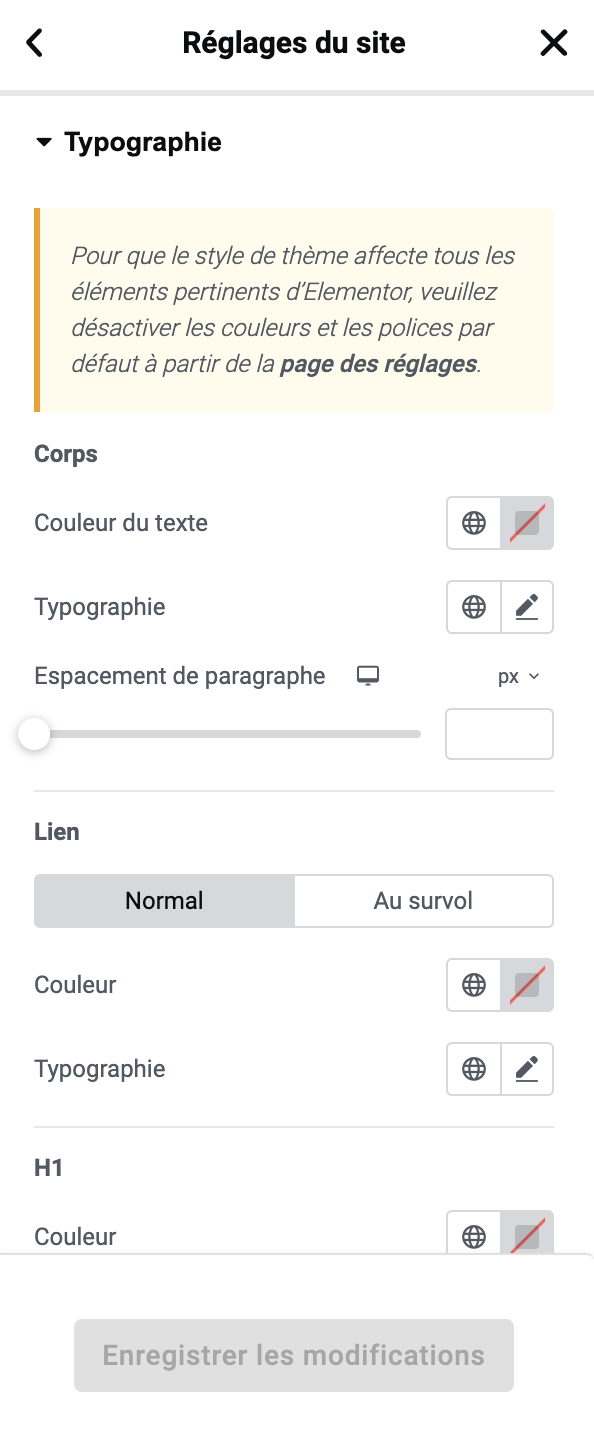 réglages du site elementor style
